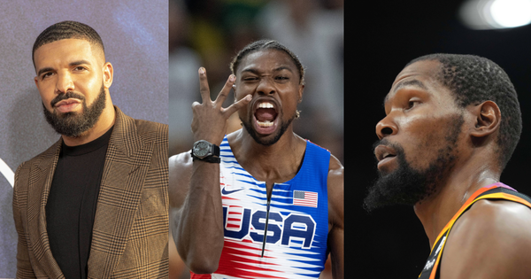 Drake, Noah Lyles, and Kevin Durant Collage