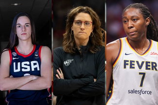 Caitlin Clark, Stephanie White and Aliyah Boston