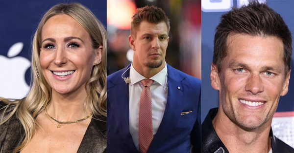 Nikki Glaser. Rob Gronkowski, Tom Brady collage