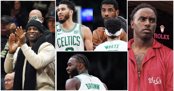 Deion Sanders, Deion Sanders Jr., Jayson Tatum, Derrick White, Jaylen Brown, Kyrie Irving