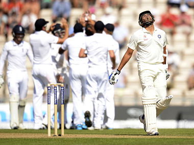 India&#8217;s Sharma leaves the field after being dismissed during the third cricket test match against England at the Rose Bowl cricket ground in Southampton