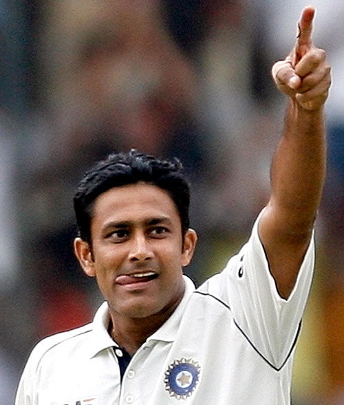 Indian cricketer Anil Kumble celebrates