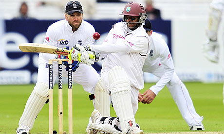 Shivnarine Chanderpaul is trapped lbw to Graeme Swann for 91 runs