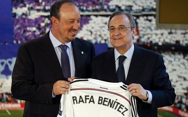 Real Madrid president Florentino Perez presents new coach Rafa Benitez at the Santiago Bernabeu stadium in Madrid