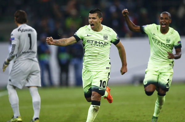 Manchester City&#8217;s Aguero celebrates after scoring a penalty goal against Borussia Moenchengladbach during their Champions League Group D soccer match in Moenchengladbach