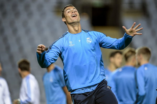 Real Madrid&#8217;s striker Cristiano Ronaldo reacts during a training session ahead of their September 30 Champions League Group A soccer match against Malmo FF in Malmo