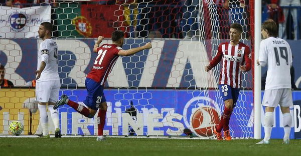 Atletico Madrid&#8217;s Luciano Vietto celebrates after scoring a goal during their Spanish first division derby soccer match in Madrid