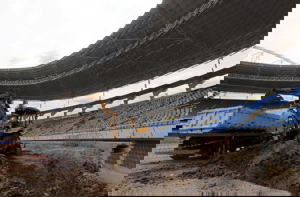 A view of the Olympic Stadium undergoing renovation to stage athletic competitions in the Rio 2016 Olympic Games, is seen during the third world press briefing for the games in Rio de Janeiro