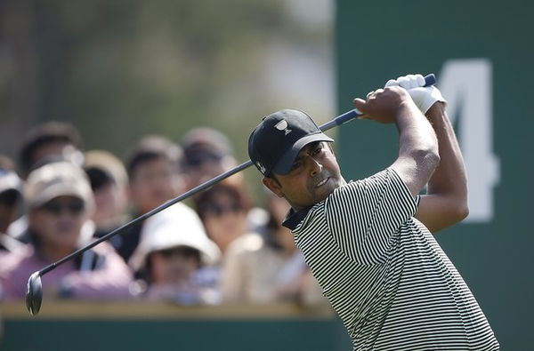 International team member Anirban Lahiri of India tees off on the fourth hole during the opening foursome matches of the 2015 Presidents Cup golf tournament at the Jack Nicklaus Golf Club in Incheon