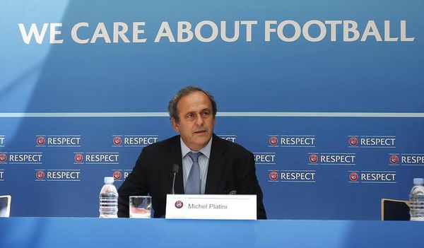 UEFA President Platini attends a news conference after the draw for the 2015/2016 UEFA Europa League soccer competition at Monaco&#8217;s Grimaldi Forum in Monte Carlo