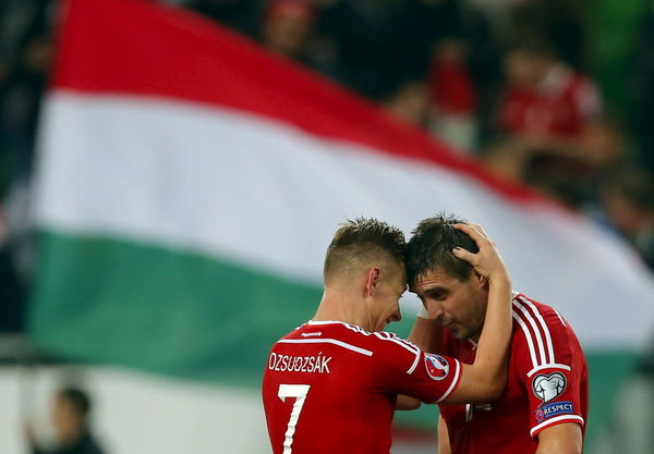 Hungary&#8217;s Bode and Dzsudzsak celebrate their victory against Faroe Islands in their Euro 2016 qualifying soccer match in Budapes