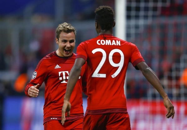 Bayern Munich&#8217;s Goetze celebrates with Coman after scoring a goal against Dinamo Zagreb during their Champions League Group F soccer match in Munich