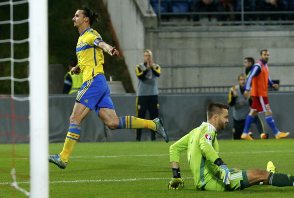 Sweden&#8217;s Ibrahimovic scores a goal against Liechtenstein&#8217;s goalkeeper Jehle during their soccer match in Vaduz