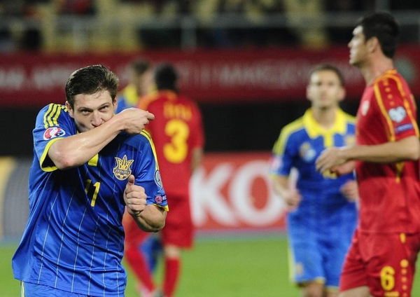 Ukraine&#8217;s Seleznyov celebrates after scoring a goal from the penalty against Macedonia during their Euro 2016 Group C qualification match in Skopje