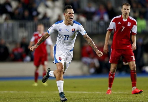 Slovakia&#8217;s Hamsik celebrates after scoring against Luxembourg during their Euro 2016 group C qualification match at the Josy Barthel stadium in Luxembourg