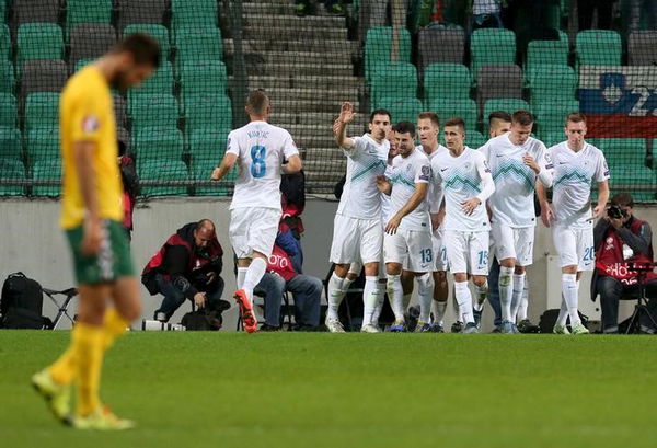 Slovenia&#8217;s Birsa celebrate his goal with teammates during their Euro 2016 qualifying soccer match against Lithuania in Petrol arena in Ljubljana