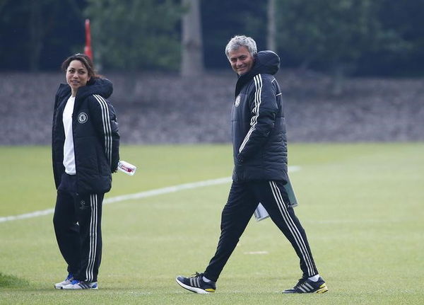 Chelsea&#8217;s manager Jose Mourinho and team doctor Eva Carneiro attend a training session at Cobham in Surrey