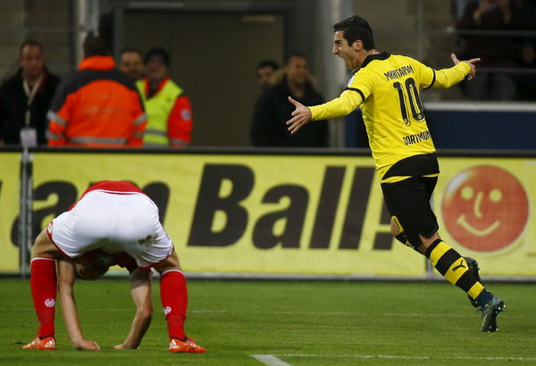 Henrikh Mkhitaryan of Borussia Dortmund celebrates his goal during their German first division Bundesliga soccer match against FSV Mainz 05 in Mainz