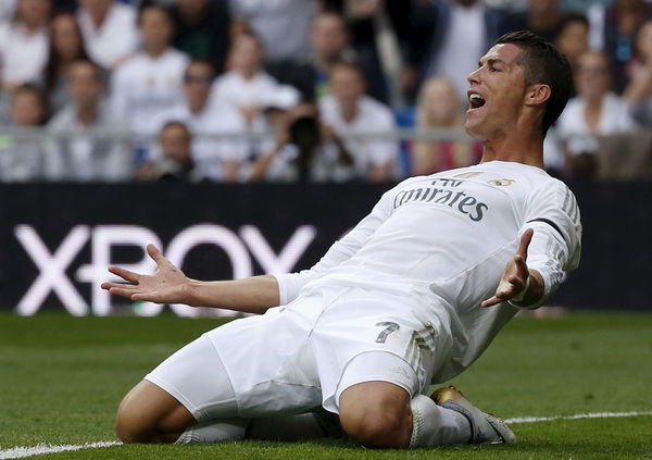 Real Madrid&#8217;s striker Cristiano Ronaldo reacts during their Spanish First Division soccer match against Levante at Santiago Bernabeu stadium in Madrid