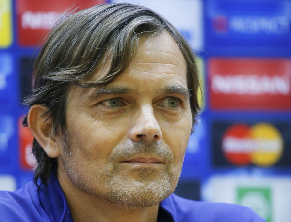 PSV Eindhoven&#8217;s coach Cocu attends news conference at Arena Khimki stadium outside Moscow