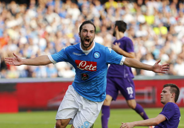 Napoli&#8217;s Gonzalo Higuain celebrates after scoring against Fiorentina during their Italian Serie A soccer match in Naples