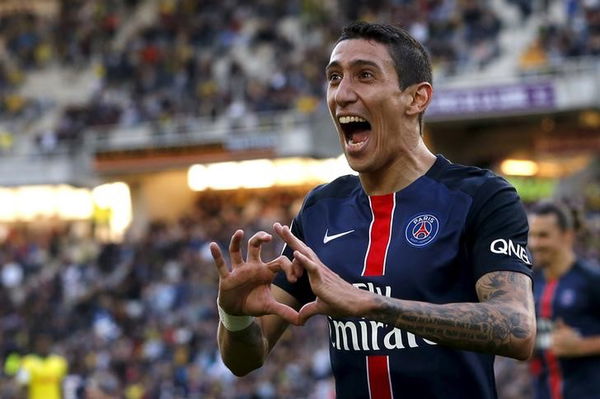 Paris St Germain&#8217;s Angel Di Maria celebrates after scoring against FC Nantes during their French Ligue 1 soccer match at the Beaujoire stadium in Nantes