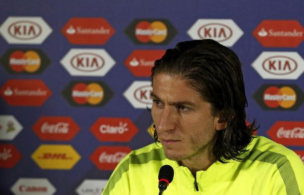 Brazil&#8217;s soccer player Filipe Luis attends a press conference at Estadio Ester Roa in Concepcion