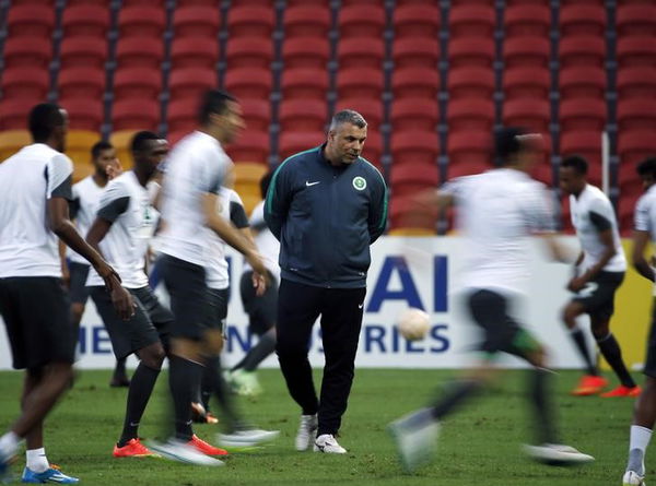 Saudi Arabia&#8217;s coach Cosmin Olaroiu of Romania watches his team train ahead of their Group B Asian Cup match against China at Suncorp Stadium in Brisbane