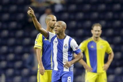 Porto&#8217;s Brahimi celebrates his goal against Maccabi Tel Aviv during their Champions League group G soccer match at Dragao Stadium in Porto