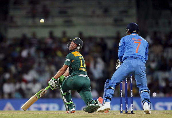 South Africa&#8217;s AB de Villiers tries to play a shot during their fourth one-day international cricket match against India in Chennai