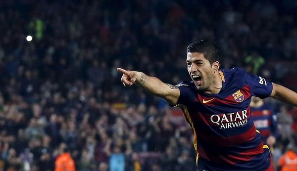 Barcelona&#8217;s Luis Suarez celebrates his second goal against Eibar during their Spanish first division soccer match at Camp Nou stadium in Barcelona