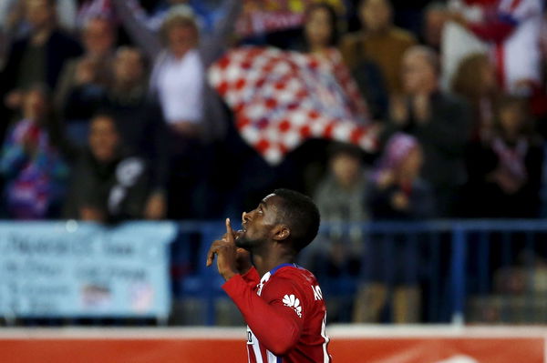 Atletico Madrid&#8217;s Martinez celebrates after scoring a goal against Valencia after scoring a goal against Valencia during their Spanish first division soccer match in Madrid