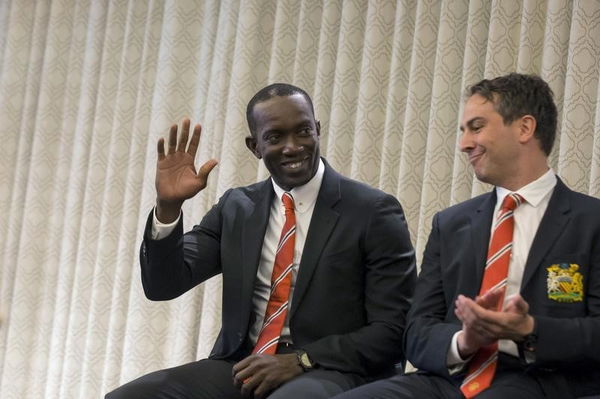 Yorke acknowledges the crowd during a news conference to announce the 2015 International Champions Cup North America in New York