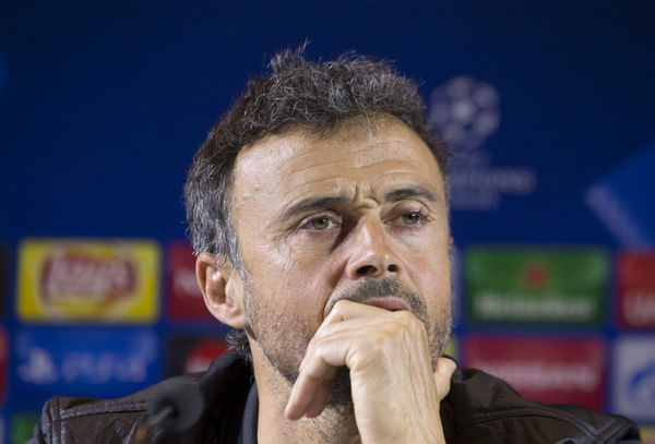 Barcelona&#8217;s coach Enrique attends a news conference in Minsk