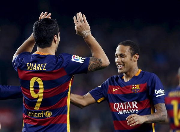 Barcelona&#8217;s Luis Suarez and Neymar celebrates a goal against Eibar during their Spanish first division soccer match at Camp Nou stadium in Barcelona