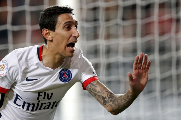 Paris St Germain&#8217;s Di Maria celebrates after scoring against Stade Rennes during their French Ligue 1 soccer match at the Roazhon Park stadium in Rennes