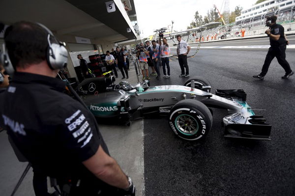 Mercedes Formula One driver Nico Rosberg of Germany leaves from pit during the first practice session of the Mexican F1 Grand Prix at Autodromo Hermanos Rodriguez in Mexico City