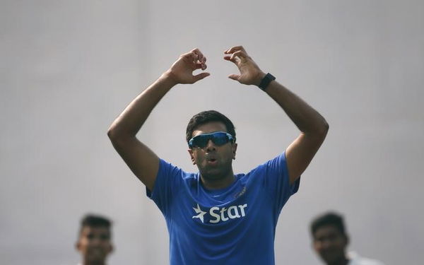 India&#8217;s Ashwin reacts after bowling in the nets during a practice session in Mohali