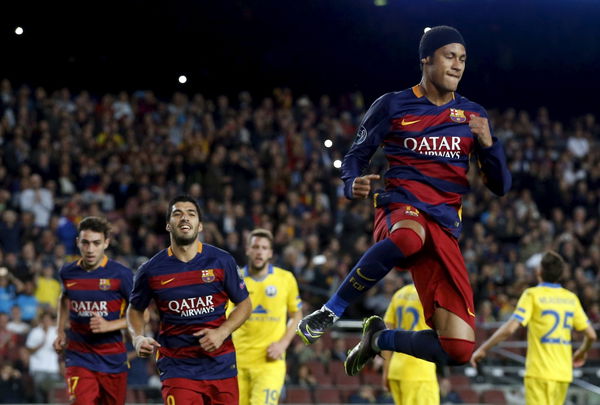 Barcelona&#8217;s Neymar celebrates a goal against Bate Borisov during their Champions League soccer match at Camp Nou stadium in Barcelona