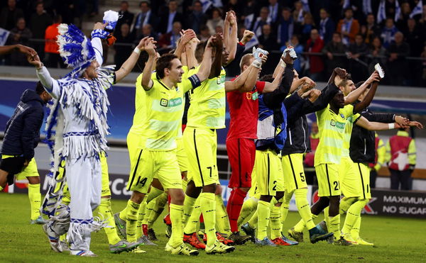 Gent&#8217;s players celebrate victory over Valencia after their Champions League Group H soccer match in Ghent