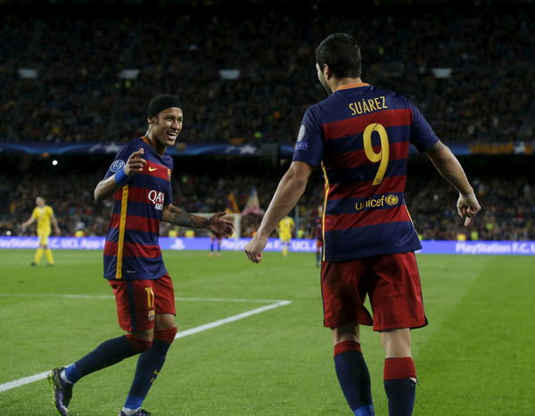 Barcelona&#8217;s Suarez and Neymar celebrate a goal against Bate Borisov during their Champions League soccer match at Camp Nou stadium in Barcelona