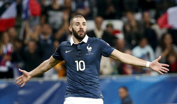 France&#8217;s Benzema celebrates after scoring during their friendly soccer match against Armenia at Allianz Riviera stadium in Nice