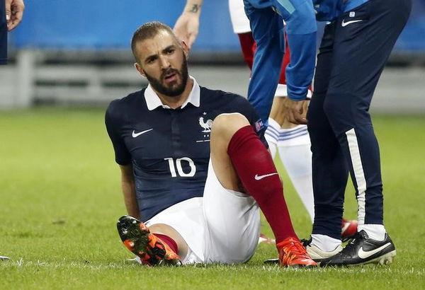 File photo of France&#8217;s Karim Benzema on the field after being injured during their friendly soccer match against Armenia at Allianz Riviera stadium in Nice