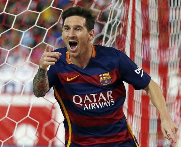 Barcelona&#8217;s Messi celebrates after scoring a goal against Atletico Madrid&#8217;s during their Spanish first division soccer match at Vicente Calderon stadium in Madrid