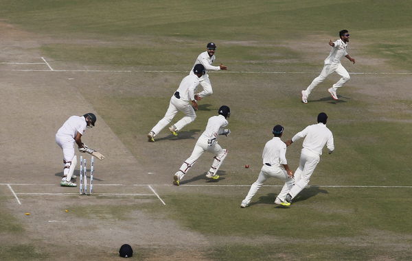 India&#8217;s Jadeja celebrates with his teammates after dismissing South Africa&#8217;s captain Amla during the third day of their first cricket test match, in Mohali