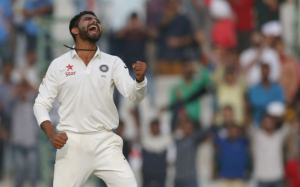 India&#8217;s Jadeja celebrate his team&#8217;s victory over South Africa during the third day of their first cricket test match, in Mohali