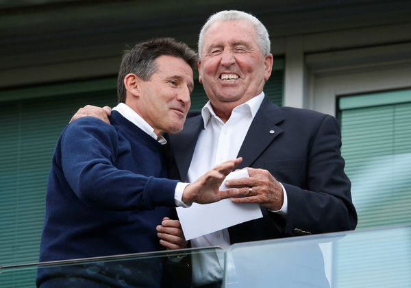 Sebastian Coe, chairman of the London Organising Committee of the London 2012 Olympic Games, talks to former Chelsea manager Bobby Campbell at the Chelsea vs. Norwich City EPL soccer match in London