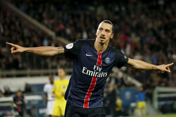 Paris St Germain&#8217;s Ibrahimovic celebrates after scoring a goal against Toulouse during their French Ligue 1 soccer match at the Parc des Princes stadium in Paris