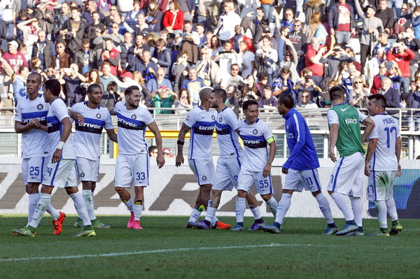 Inter Milan&#8217;s players celebrate after defeating Torino in their Serie A soccer match in Turin