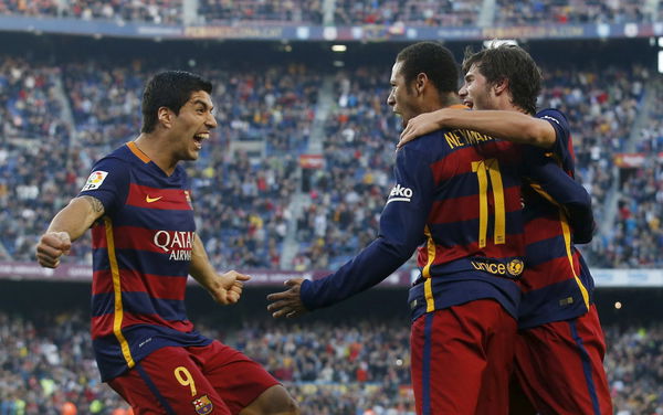 Barcelona&#8217;s Suarez, Neymar and Roberto celebrate a goal against Villarreal during their Spanish first division soccer match at Camp Nou stadium in Barcelona